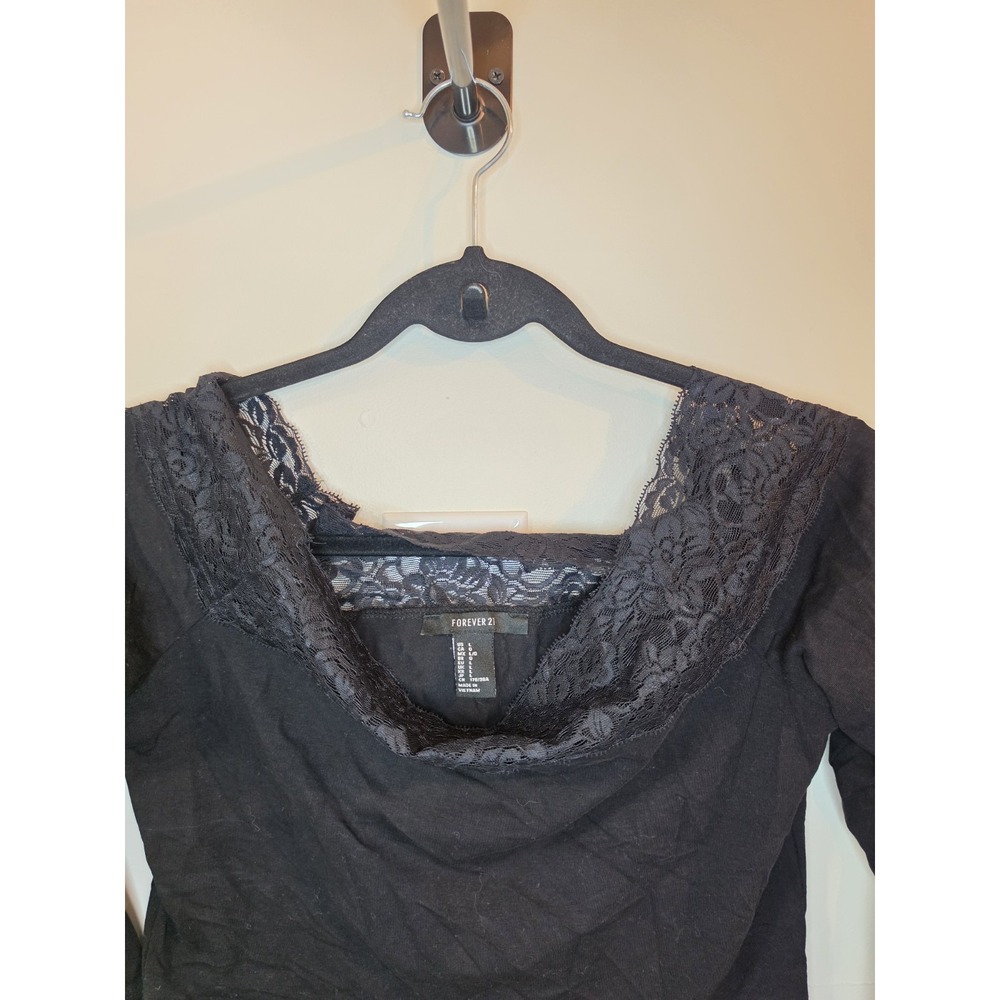 Forever 21 Black Lace Boat Neck 3/4 Sleeve Top Women's L Y2K Goth Romantic